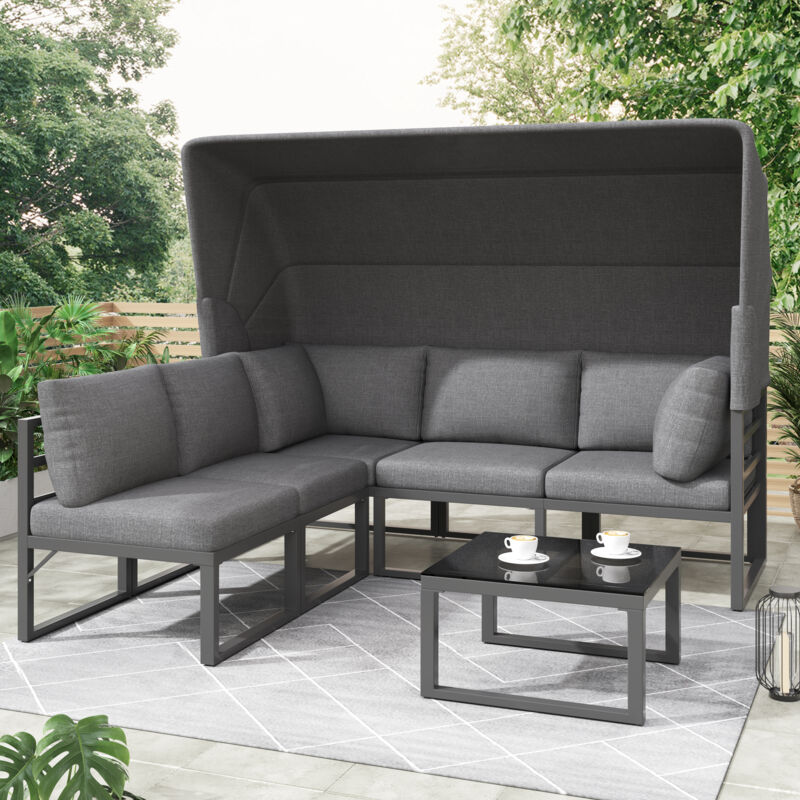 foto del prodotto set di divani da giardino 5 posti, divano 3 posti con tenda 2 poltrone 1 tavolini bassi fissi, con cuscini interi, metallo, grigio scuro