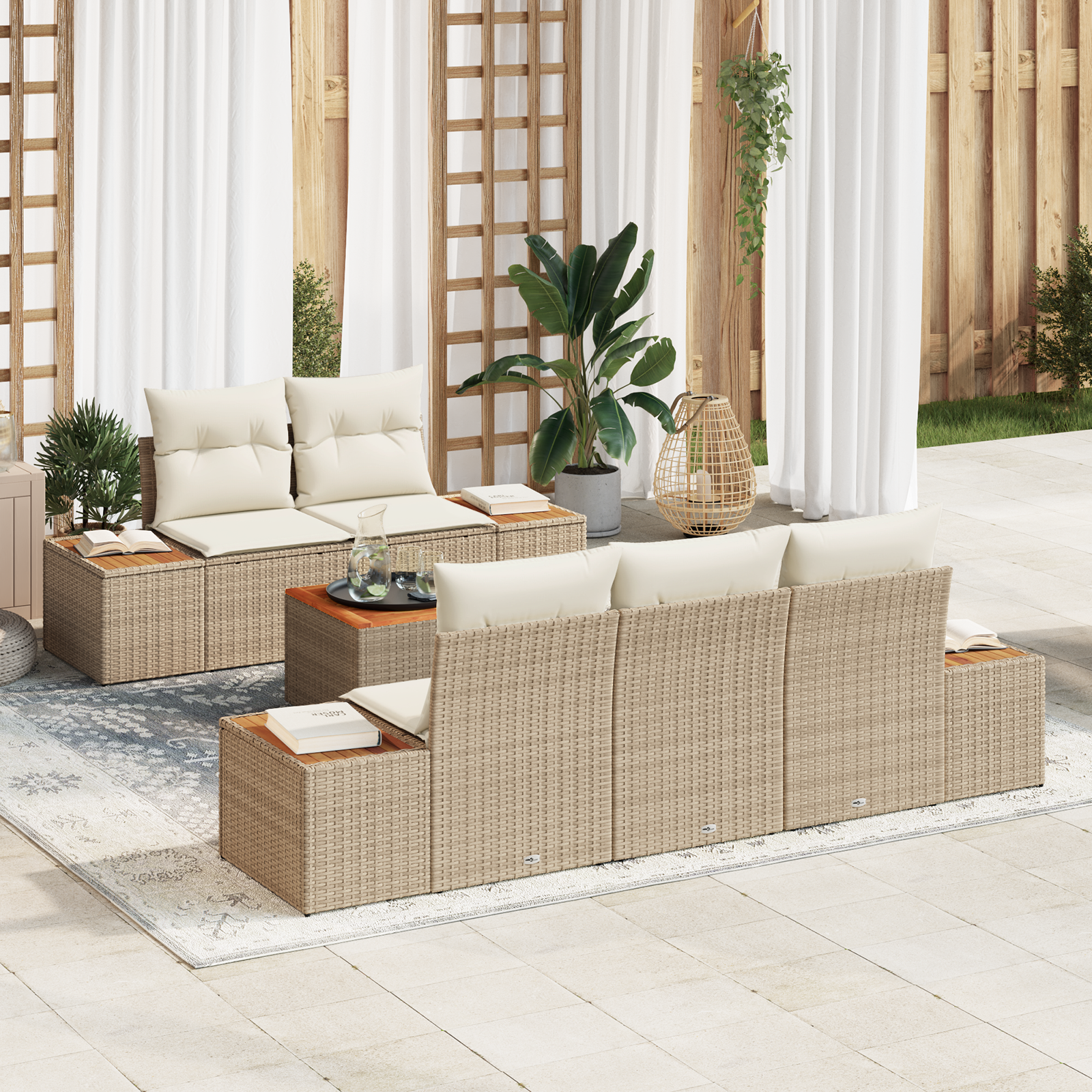foto del prodotto set di divani da giardino 6 pezzi con cuscini beige in rattan sintetico e acacia