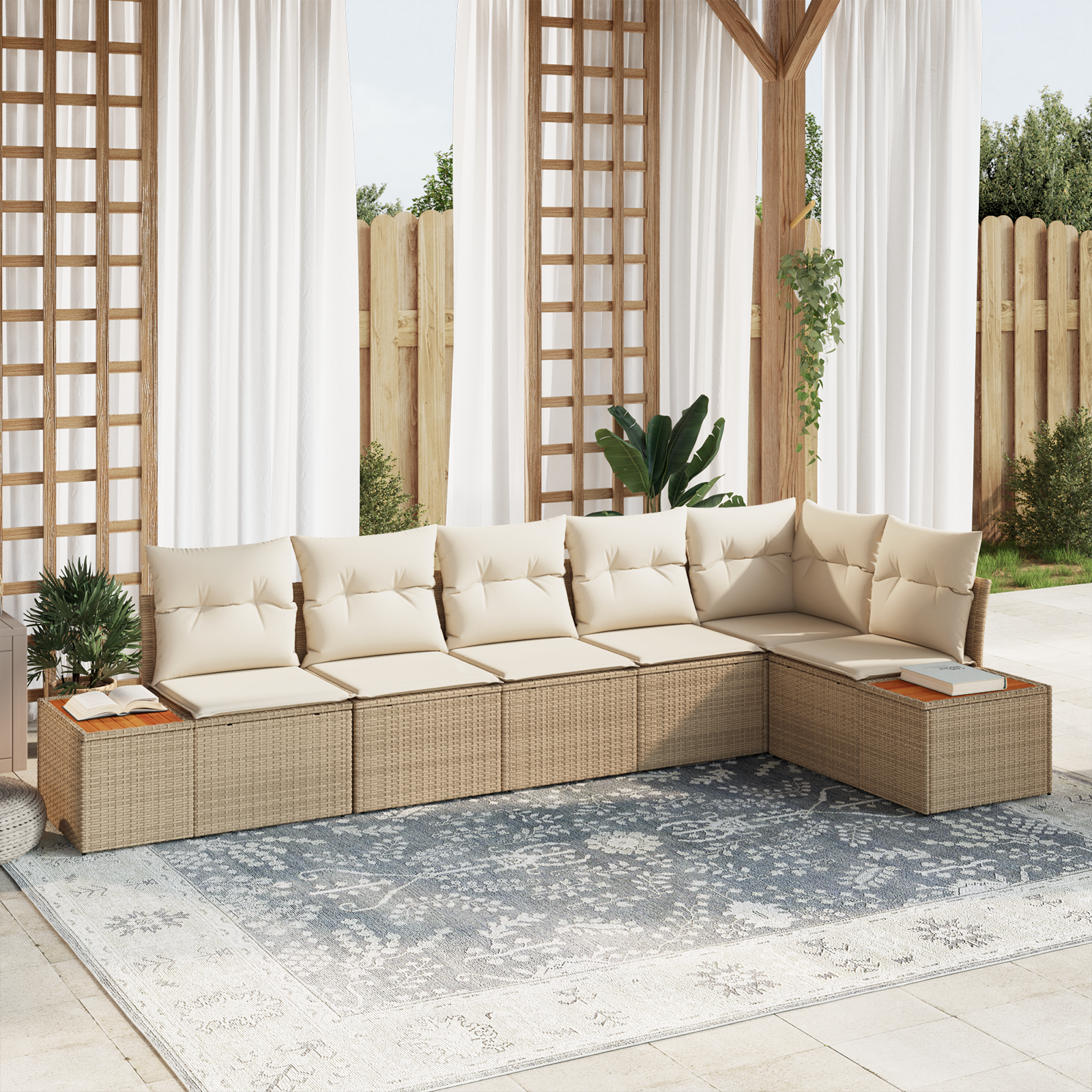 foto del prodotto set di divani da giardino 6 pezzi con cuscini beige polyrattan acacia