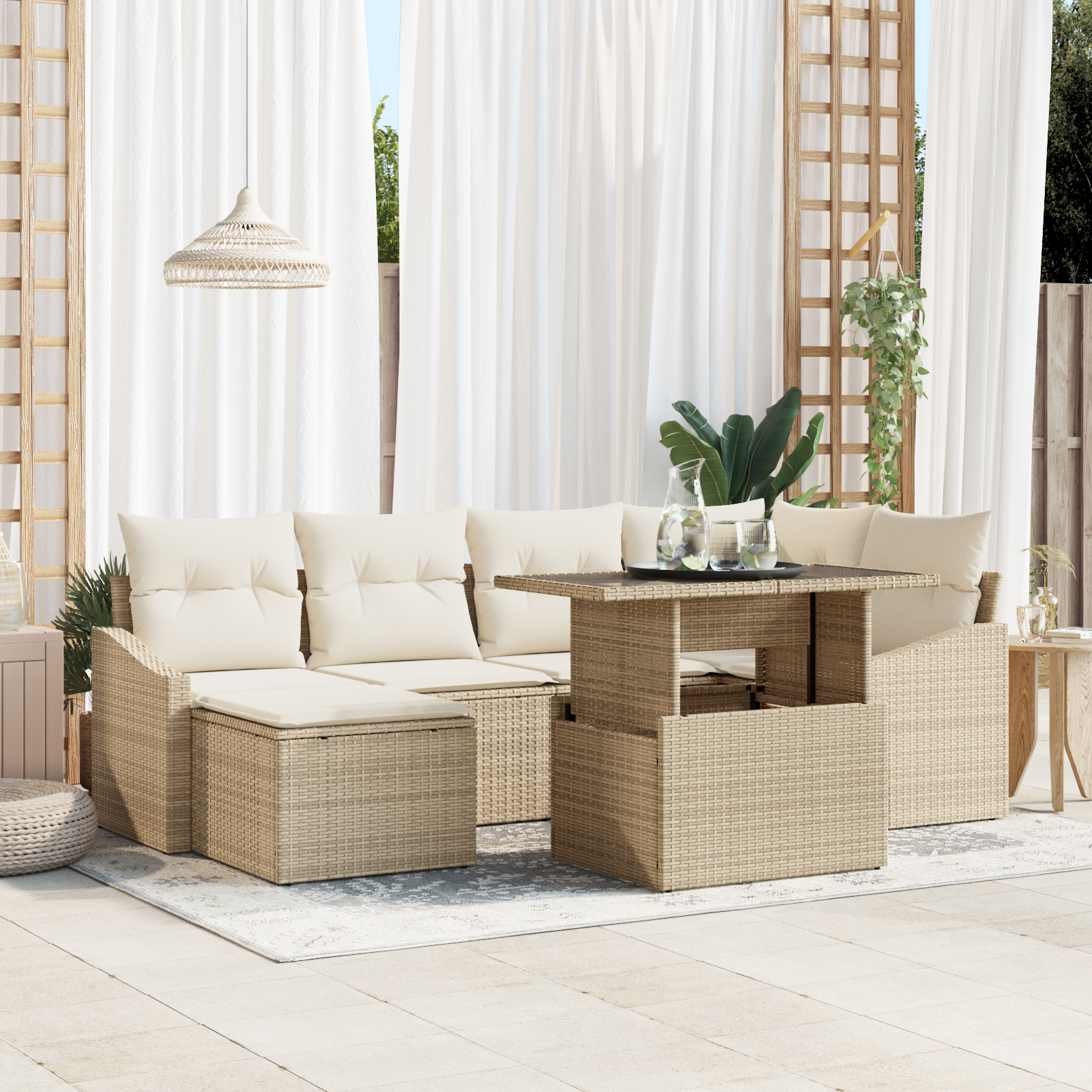 foto del prodotto set di divani da giardino 7 pezzi con cuscini beige in rattan