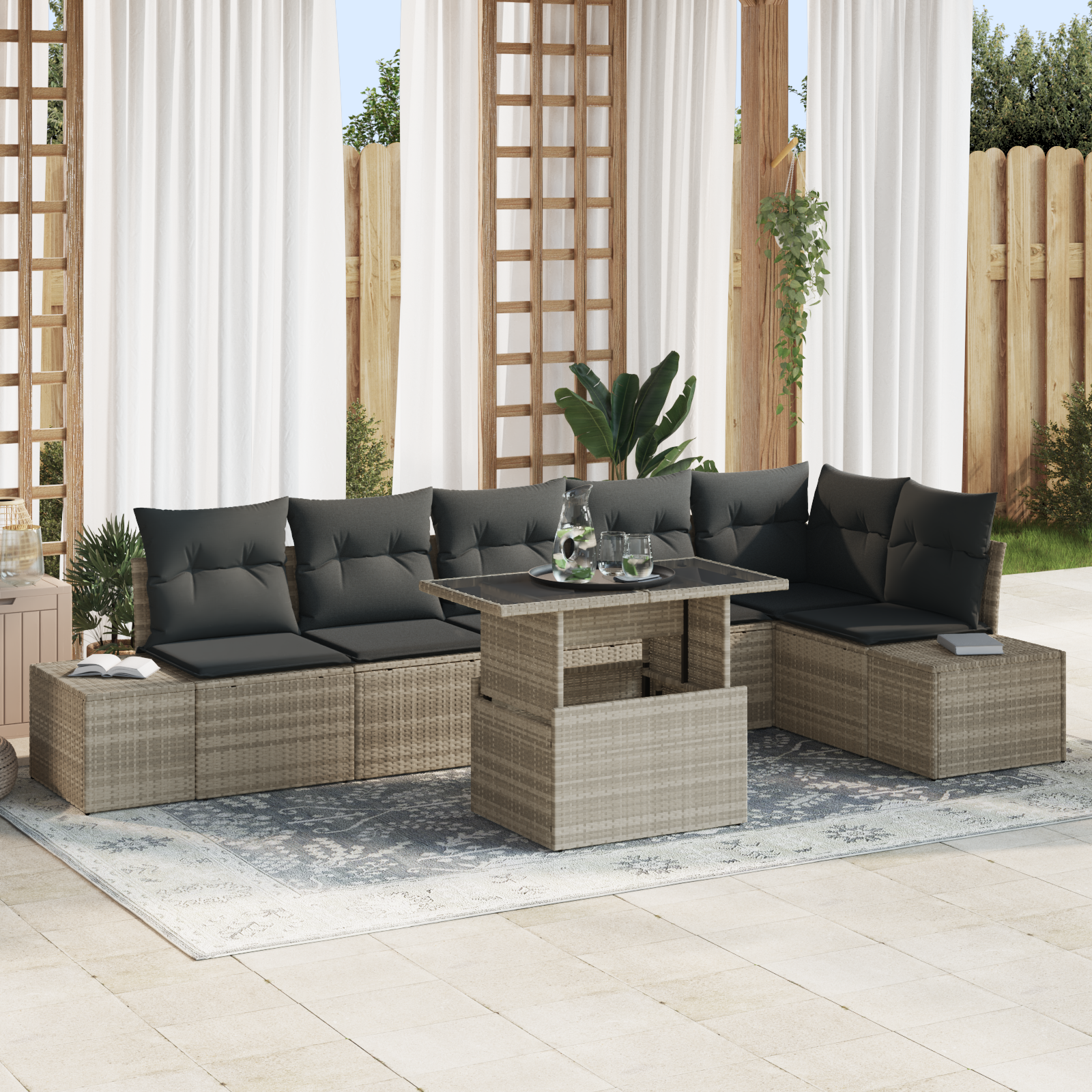 foto del prodotto set di divani da giardino 7 pezzi con cuscini grigio chiaro in polyrattan