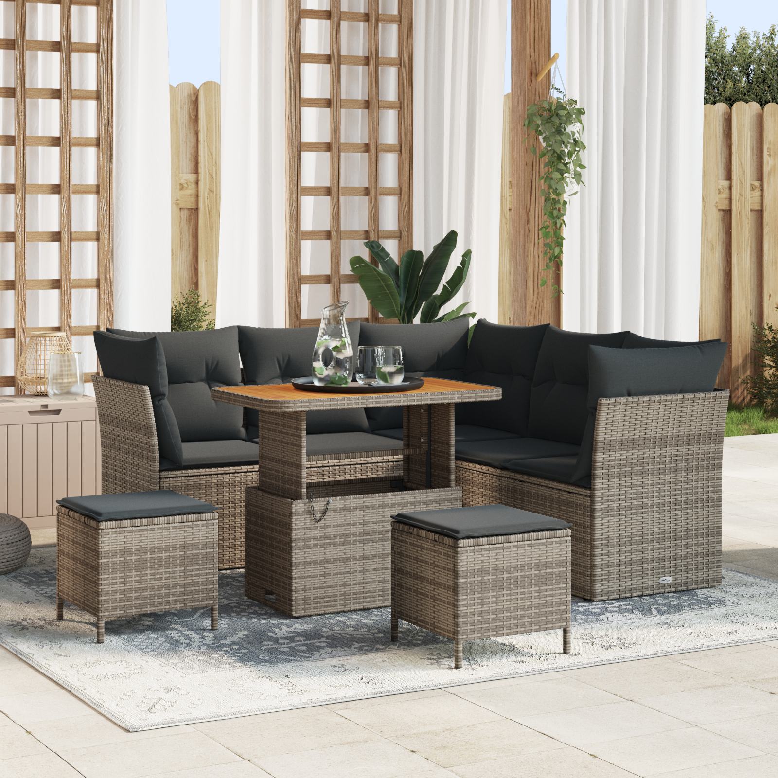 foto del prodotto set di divani da giardino 8 pezzi con cuscini grigio in rattan polietilene e acacia