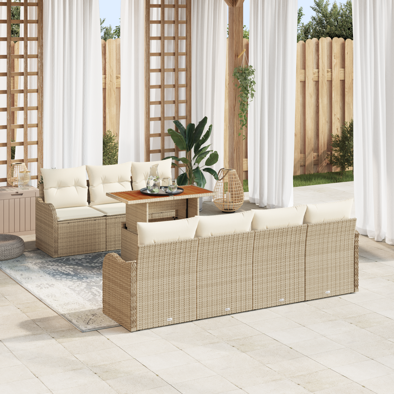 foto del prodotto set di divani da giardino 8 pezzi con cuscini in rattan poliestere beige e acacia
