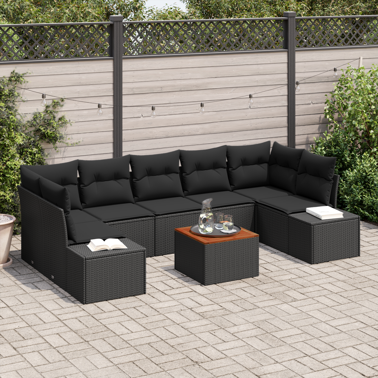 foto del prodotto set di divani da giardino 8 pezzi con cuscini nero rattan sintetico acacia