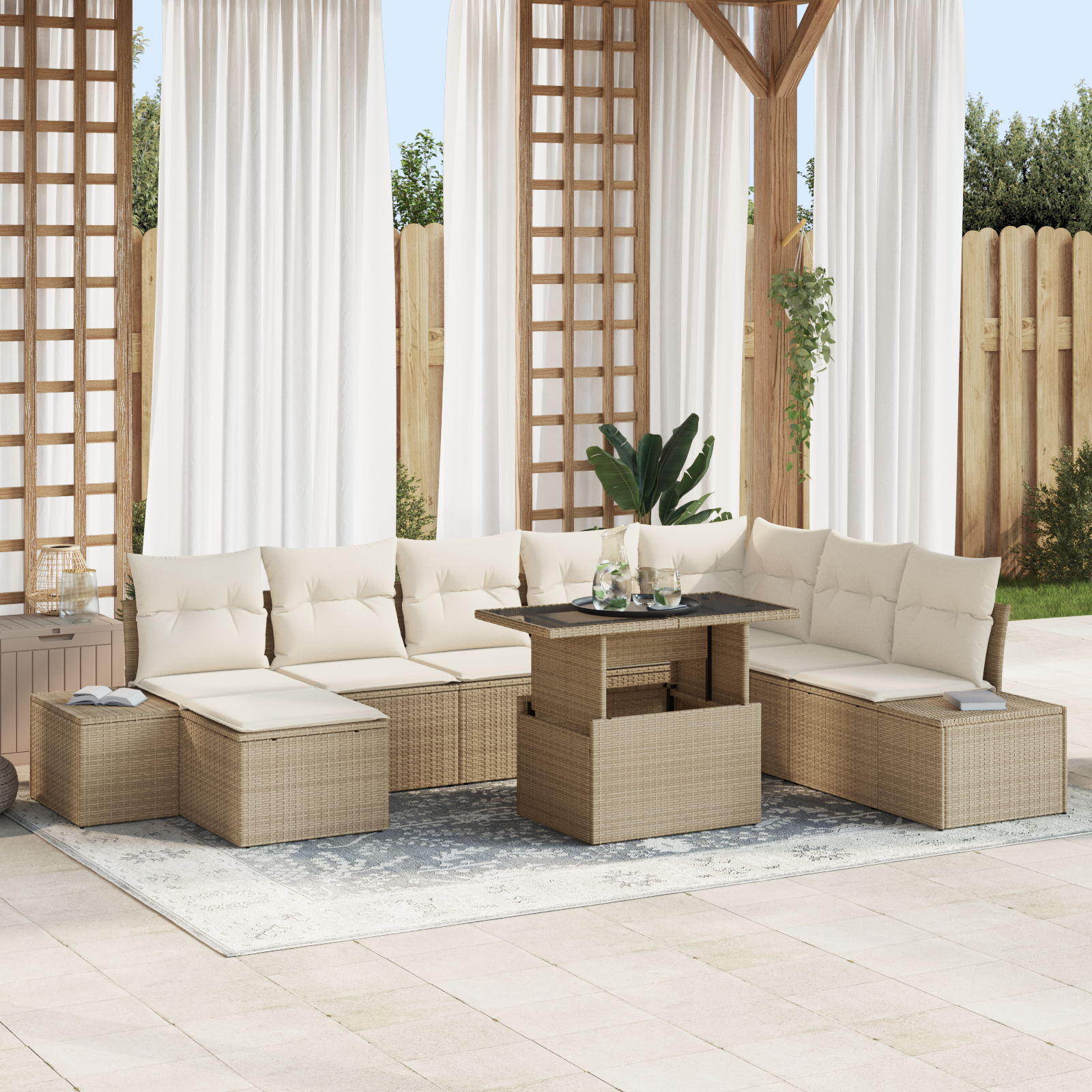 foto del prodotto set di divani da giardino 9 pezzi con cuscini beige in polyrattan