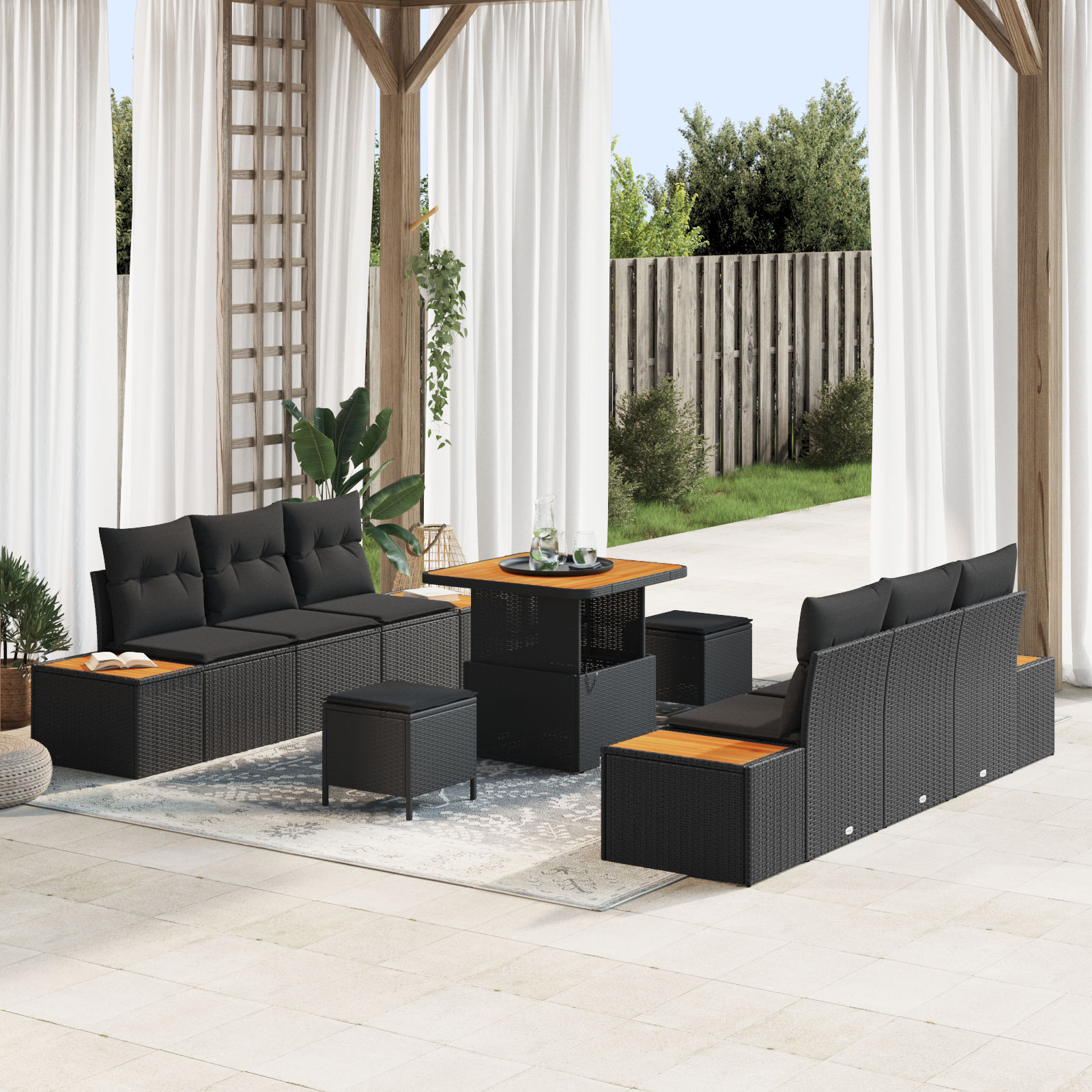 foto del prodotto set di divani da giardino 9 pezzi con cuscini nero polyrattan acacia