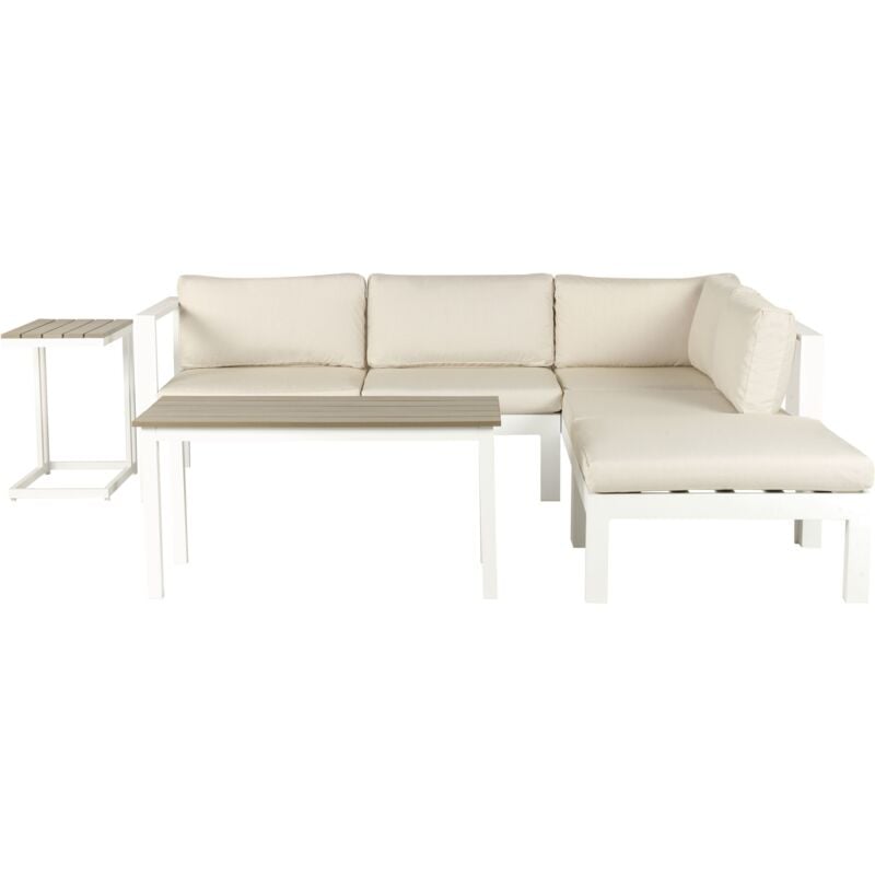 foto del prodotto set di divani da giardino bianchi cuscini beige tavolo a doghe 5 posti messina