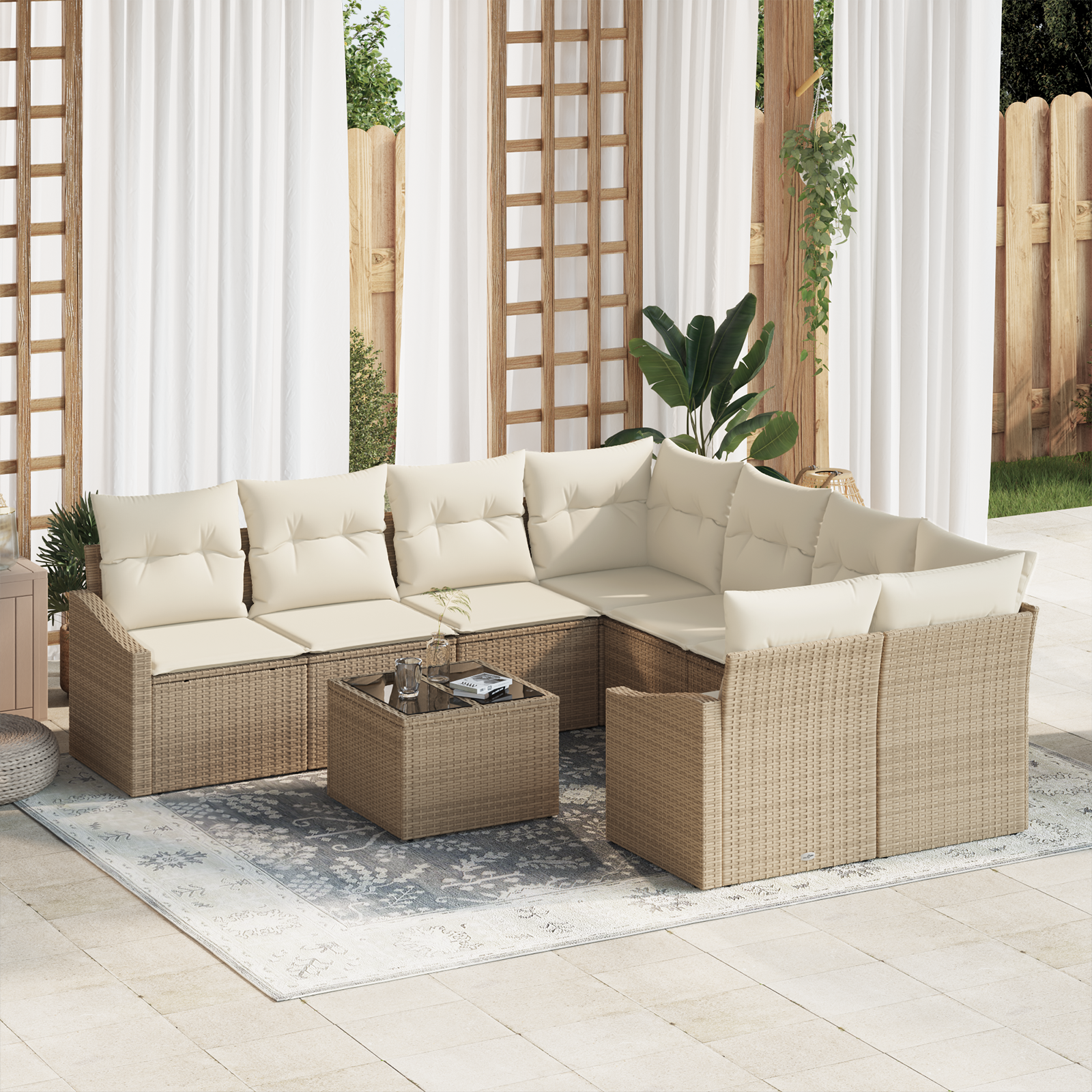 foto del prodotto set di divani da giardino da 9 pezzi con cuscini beige in polyrattan
