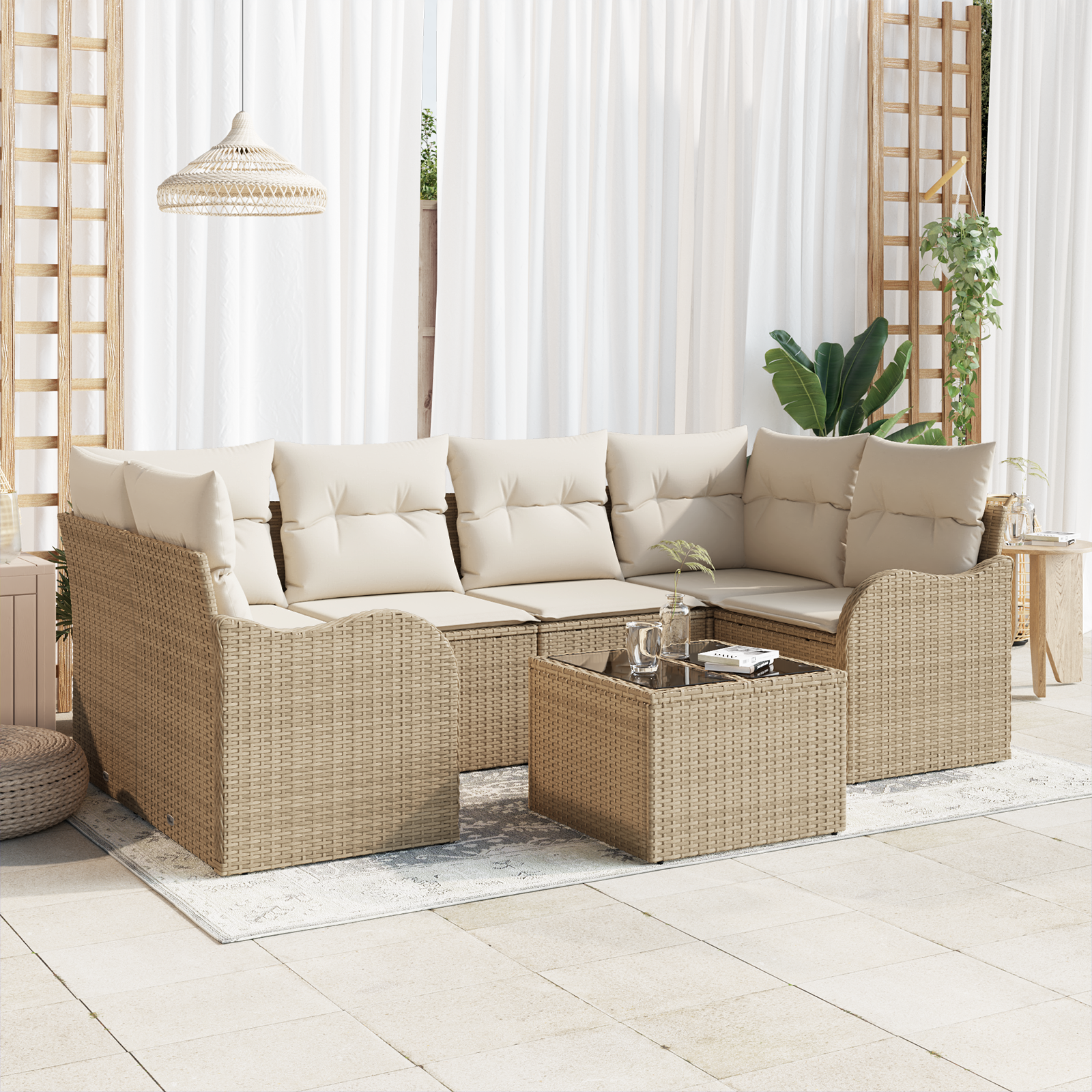 foto del prodotto set di divani da giardino in 7 pezzi con cuscini in polyrattan beige