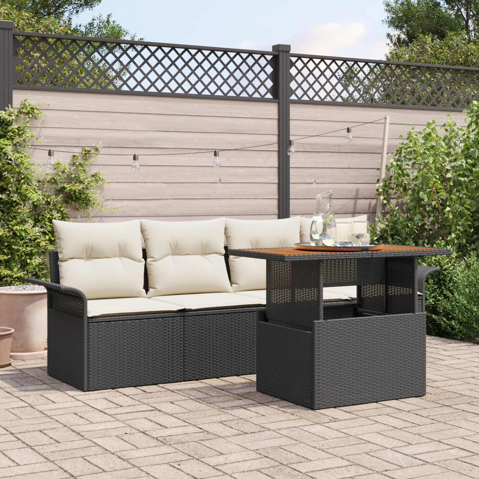 foto del prodotto set di divano da giardino 5 pezzi con cuscini nero polyrattan