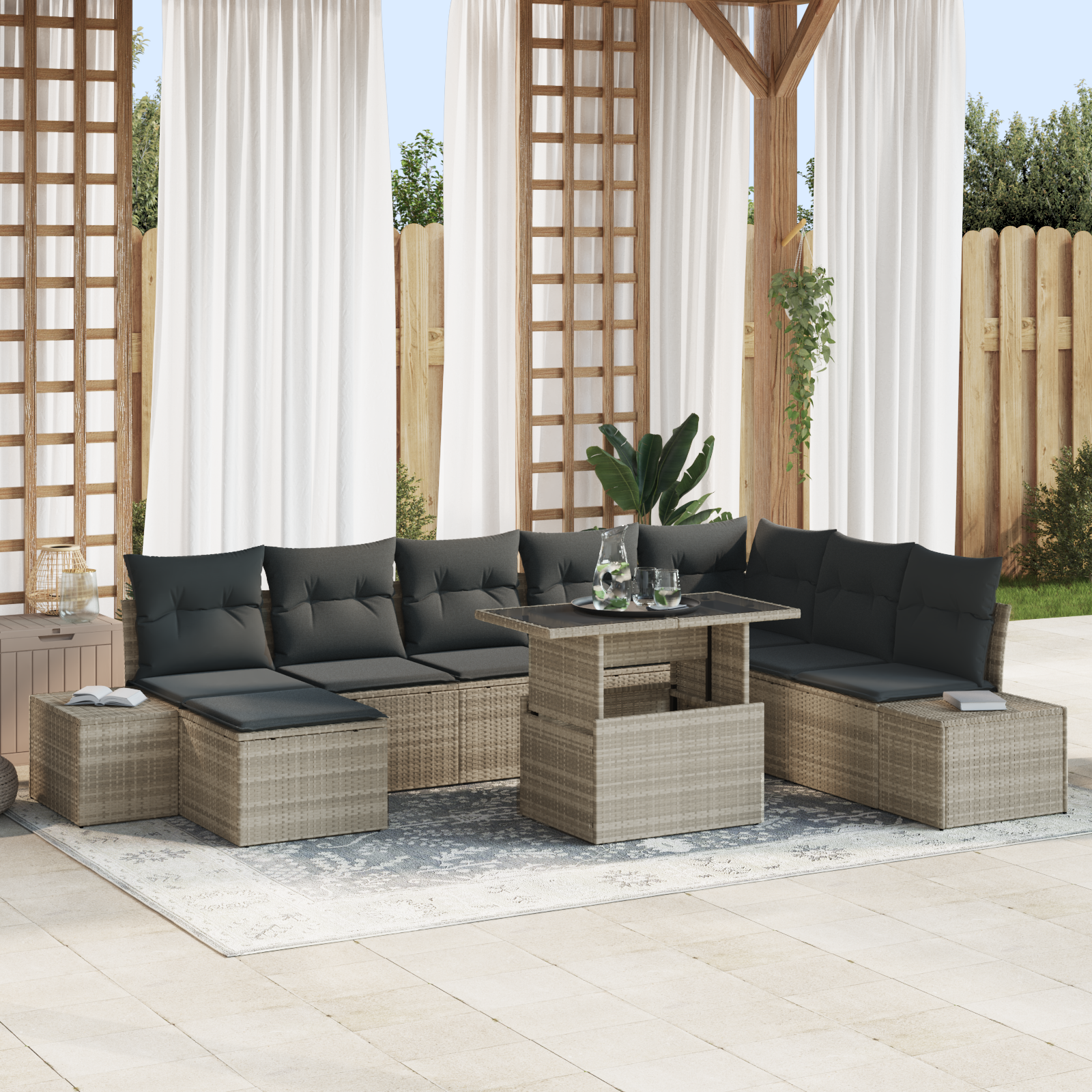 foto del prodotto set di divano da giardino 9 pezzi con cuscini grigio chiaro in polyrattan