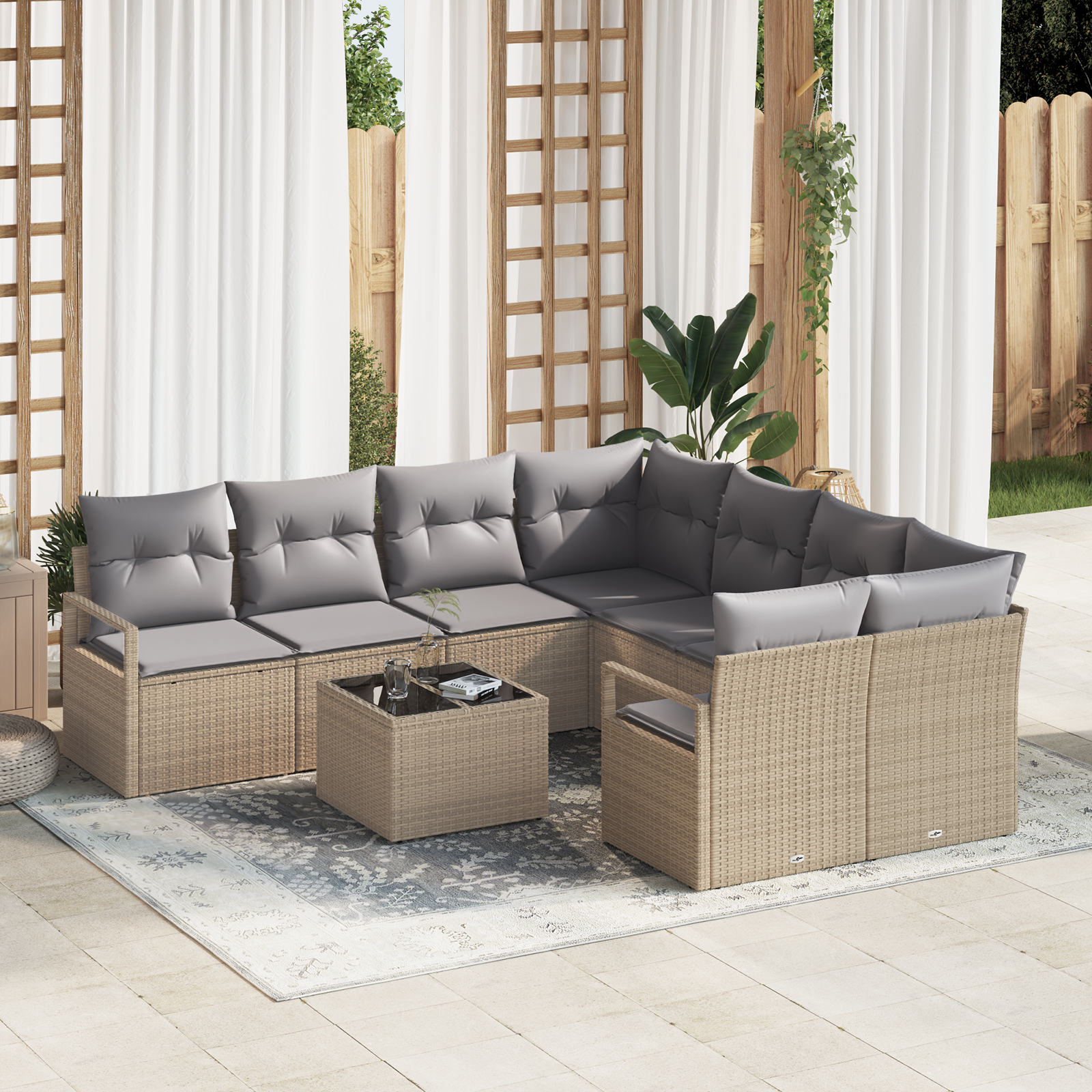 foto del prodotto set di divano da giardino 9 pezzi con cuscini rattan beige e poliestere