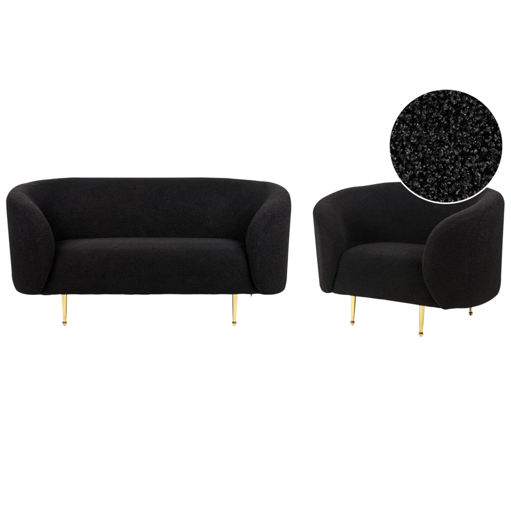 foto del prodotto set di divano e poltrona in poliestere di colore nero con gambe dorate stile glamour retr soggiorno