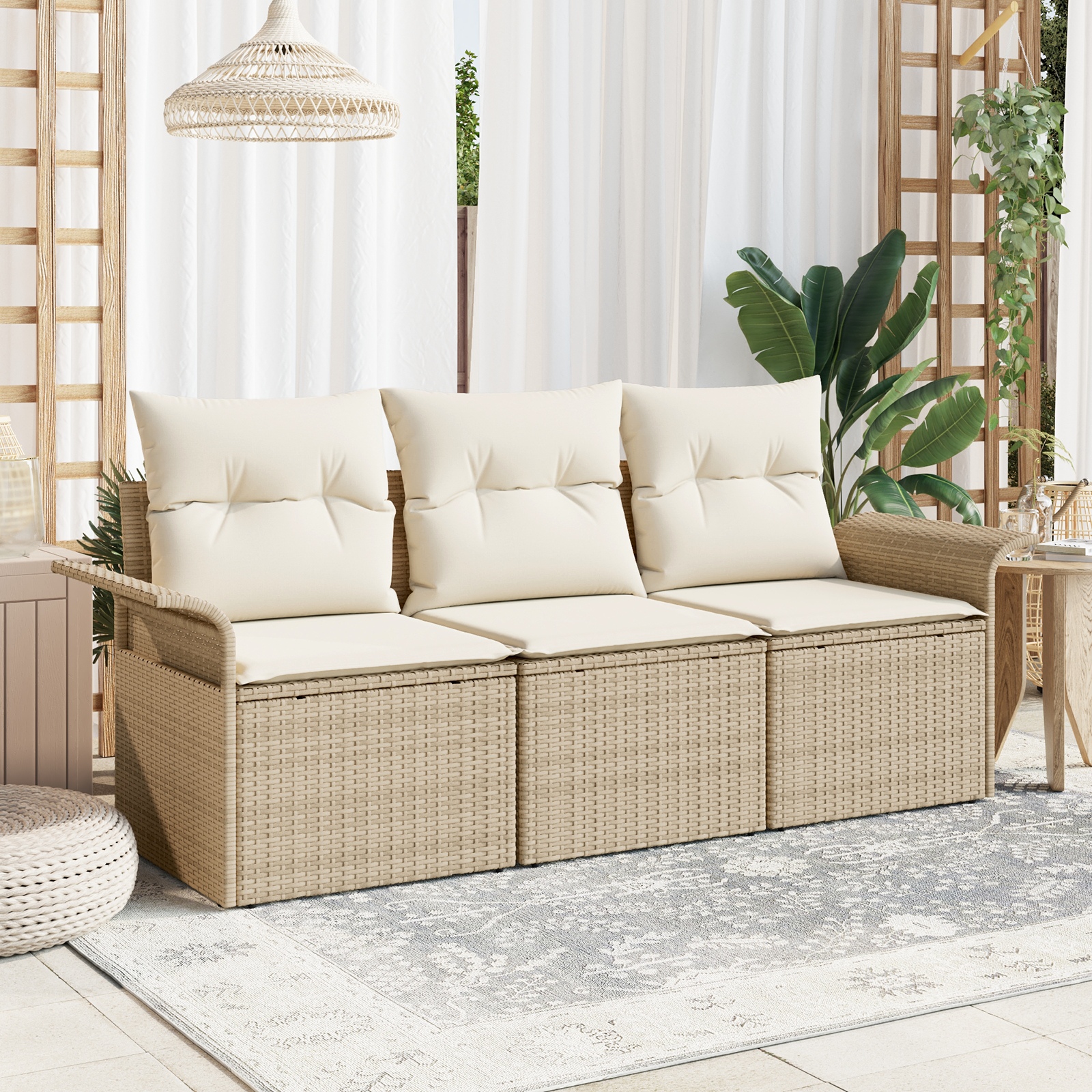 foto del prodotto set di divano giardino a 3 pezzi con cuscini beige polyrattan