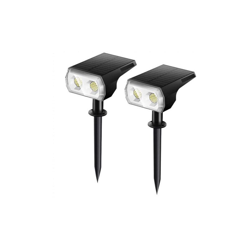 foto del prodotto set di due faretti solari da esterno, luci solari a led impermeabili ip67, faretti solari bianchi per un illuminazione calda in giardini, patii,