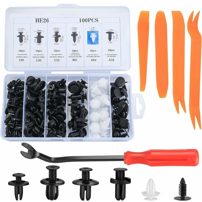 foto del prodotto set di elementi di fissaggio per rivetti, clip per rivetti in plastica nera per auto, elementi di fissaggio per rivetti in plastica nera universale