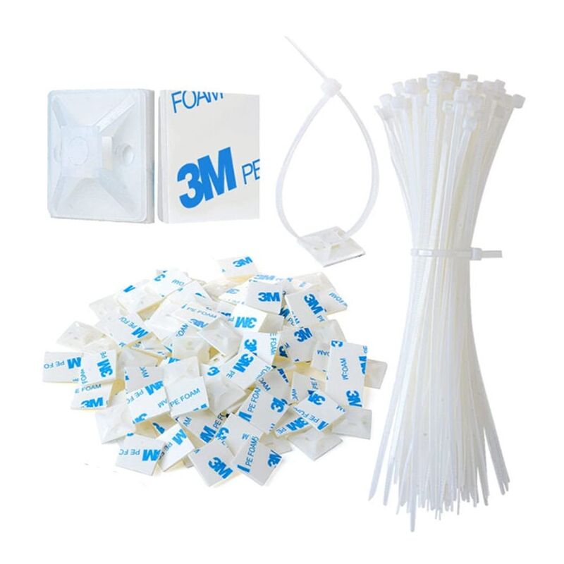 foto del prodotto set di fascette per cavi, carivent 100 pezzi fascette per cavi bianche con supporti adesivi supporti base per fascette stringitubo per computer cavo