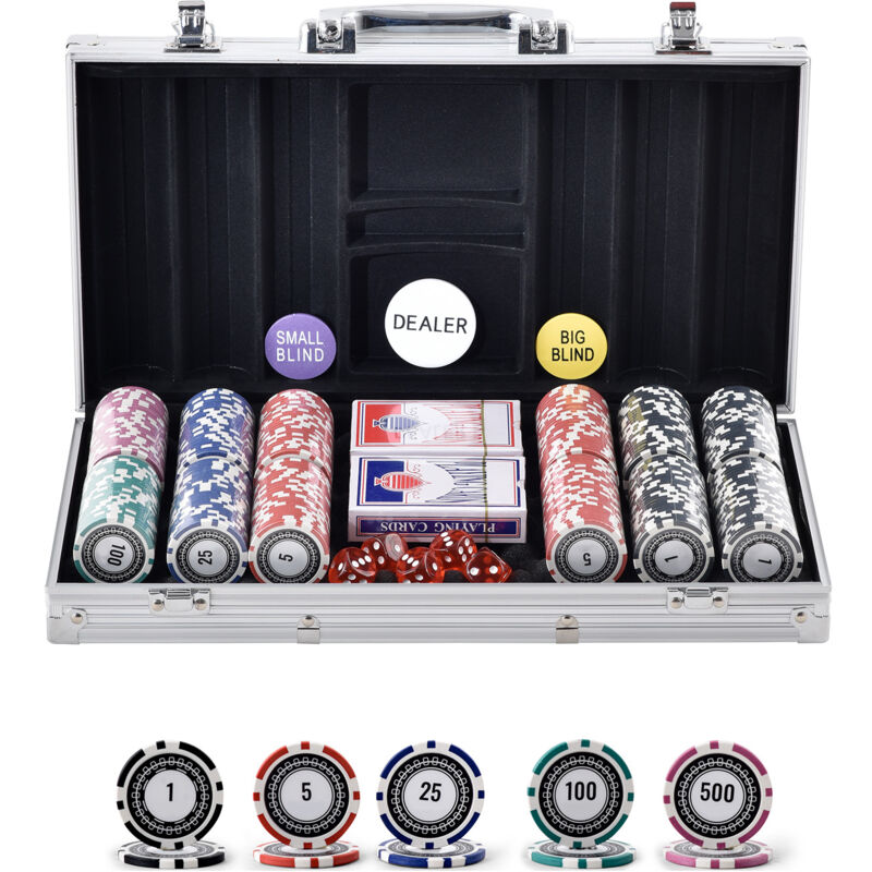 foto del prodotto set di fiches da poker set completo da 500 pezzi con custodia in alluminio. fiches, carte, bottoni e dadi da 11,5 grammi per texas hold em,