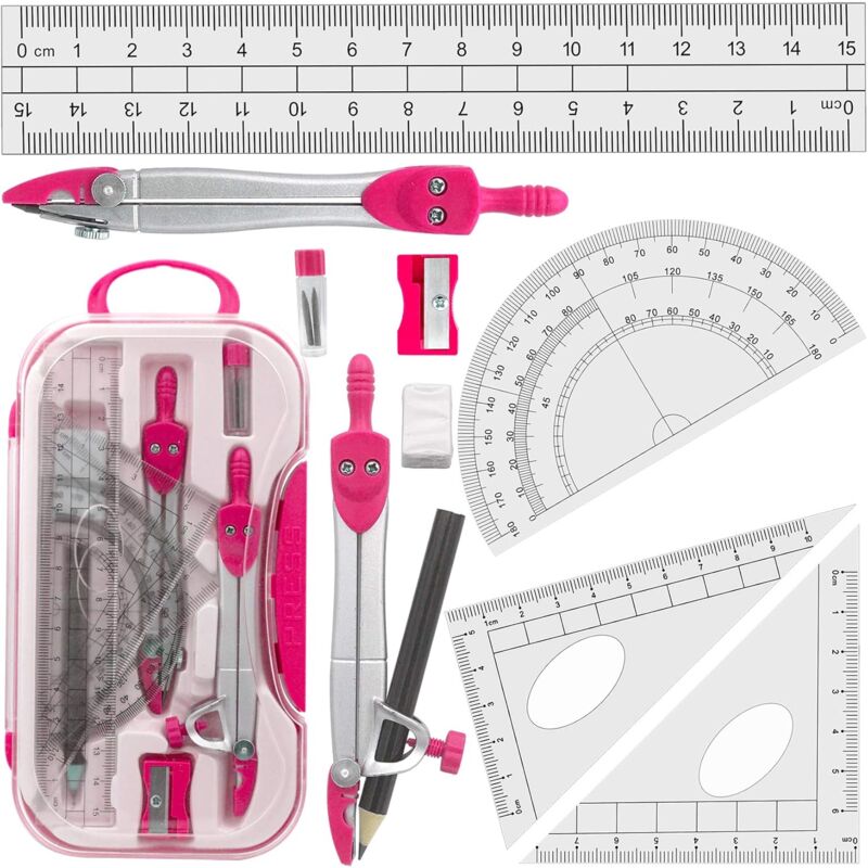 foto del prodotto set di geometria, compasso, righello, goniometro, per studenti, rosa sollbry