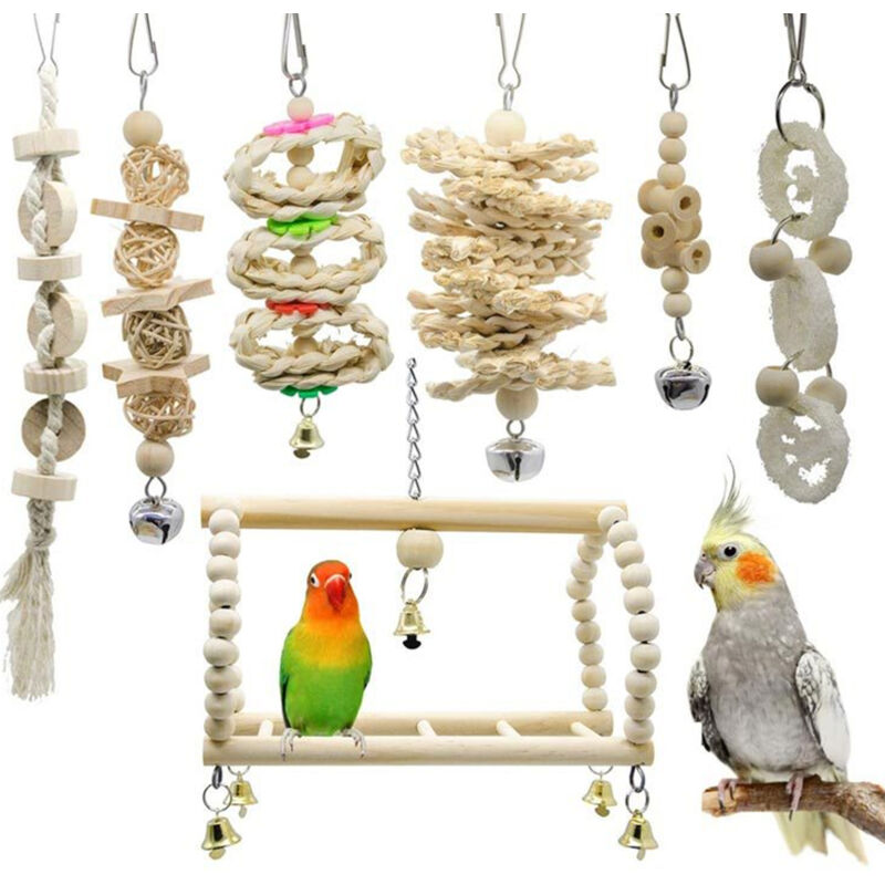 foto del prodotto set di giocattoli per uccelli pappagallo, accessori per gabbia altalena, colore legno, set da 7 pezzi, giocattoli per uccelli, target di riferimento