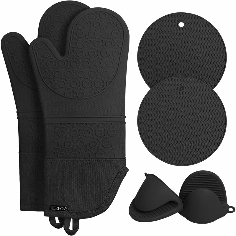 foto del prodotto set di guanti da forno e presine guanti da forno extra lunghi in silicone con mini guanti a scatto e presine per cucinare, cuocere al forno o