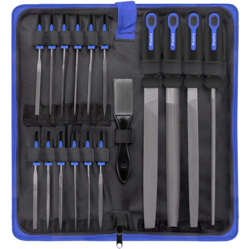 foto del prodotto set di lime multiuso in acciaio ad alto tenore di carbonio 18 in 1, comprendente 4 lime grandi piatte triangolari semicerchi rotonde e 12 lime ad ago