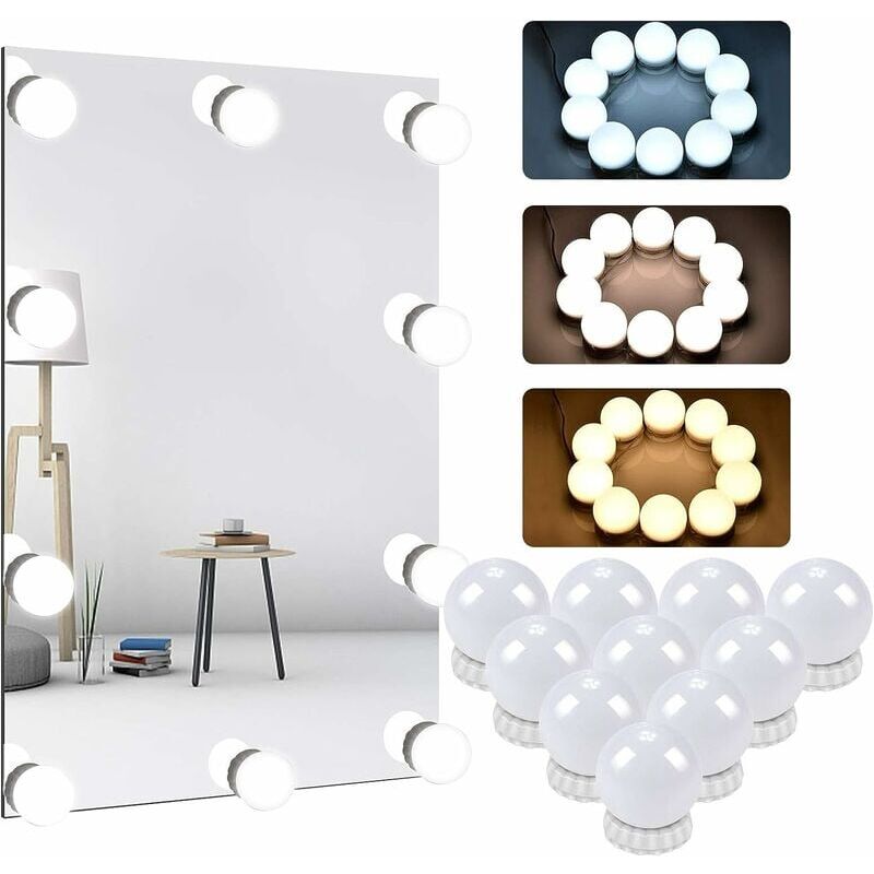foto del prodotto set di luci per specchio da trucco, specchio led hollywood dimmerabile, luce cosmetica usb con interruttore e cavo, 3 colori e 10 livelli di