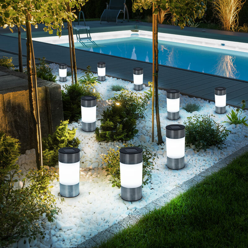 foto del prodotto set di luci solari, luci plug in in acciaio inox, luci da esterno, lampada solare, luce da giardino, led bianco caldo, dxh 6,3x23,5 cm, set da 9