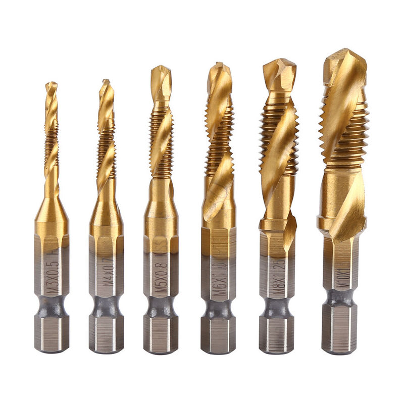 foto del prodotto set di maschi per maschiatura a vite, 6 pezzi filettatura m3 m10 hss rivestito in titanio e punte per maschiatore set di punte per maschiatura con