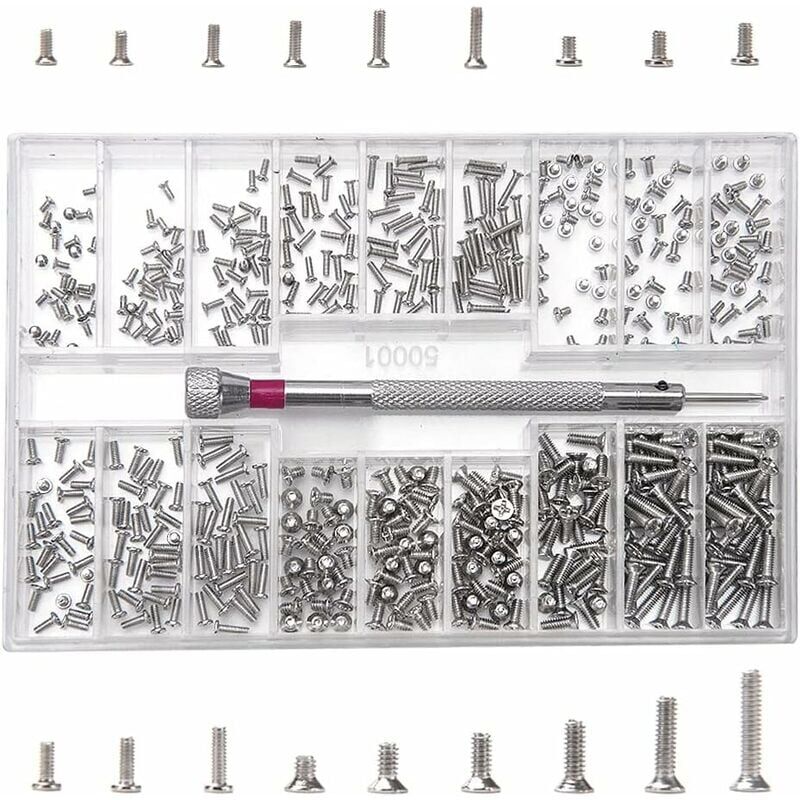 foto del prodotto set di micro viti di riparazione da 500 pezzi, viti di micro riparazione m1.2 m1.4 m2, assortimento in acciaio inossidabile con cacciavite, argento