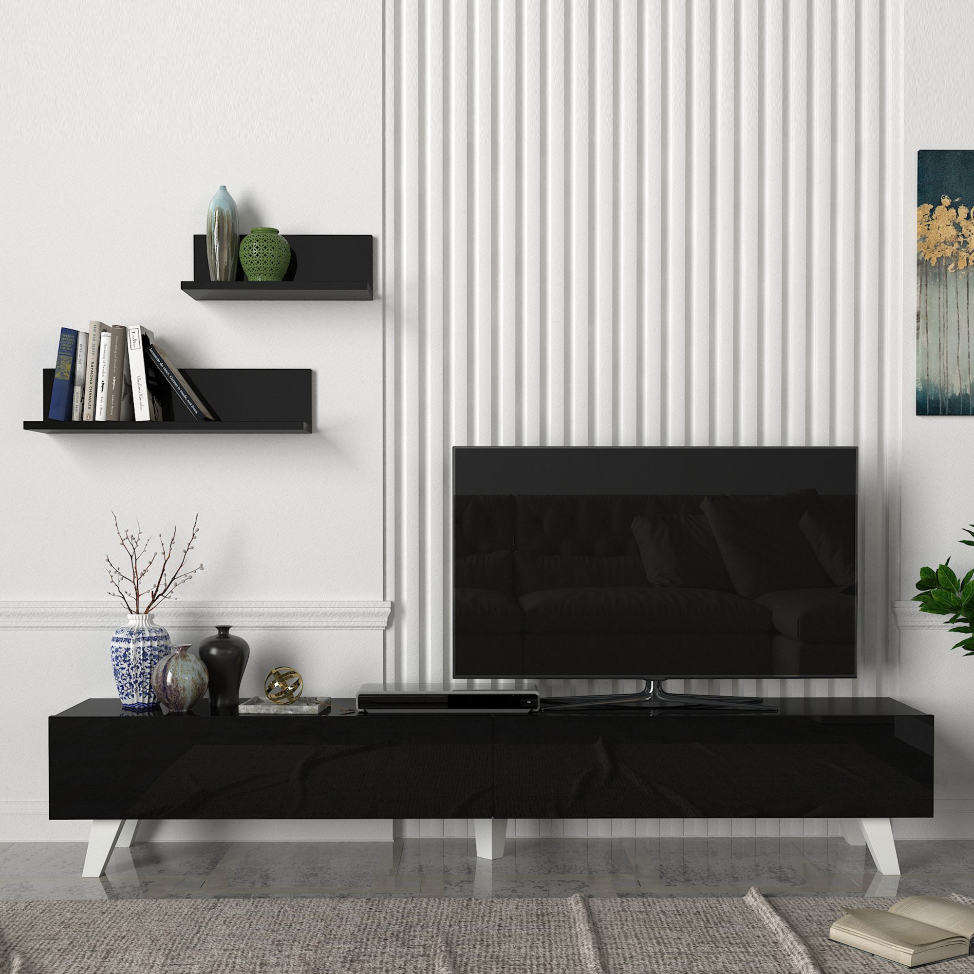 foto del prodotto set di mobile tv e 2 mensole da muro armadietto porta tv 180 cm con 2 ante a ribalta e mensole a forma di l lunghezze