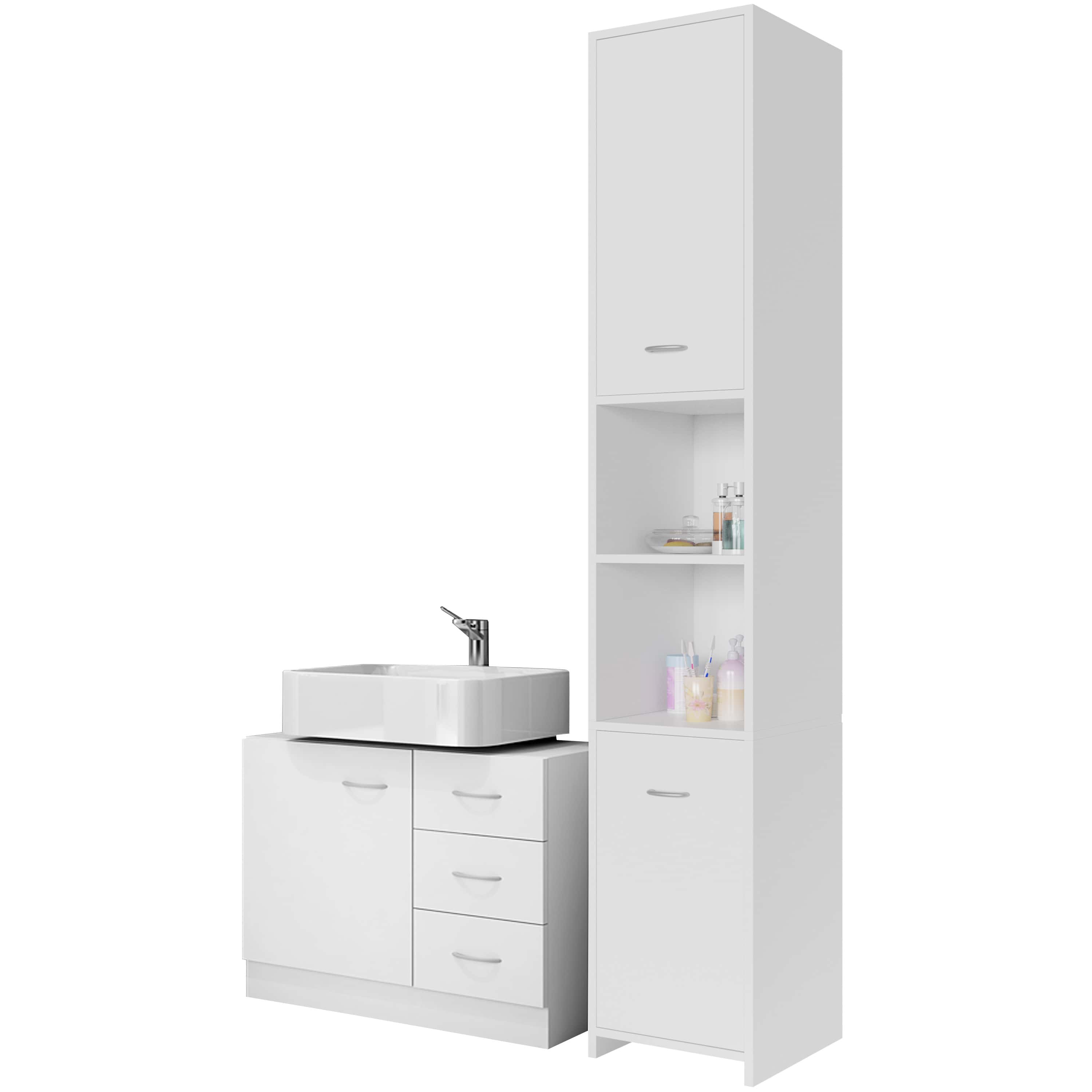 foto del prodotto set di mobili bagno bianco mobile alto armadio sottolavabo