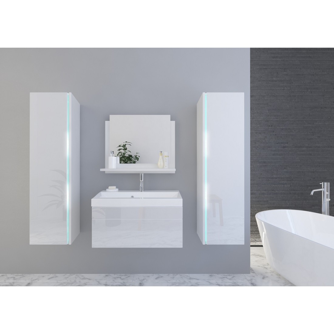 foto del prodotto set di mobili da bagno bianchi collezione bird. 2 colonne, mobile sottolavabo, lavabo.