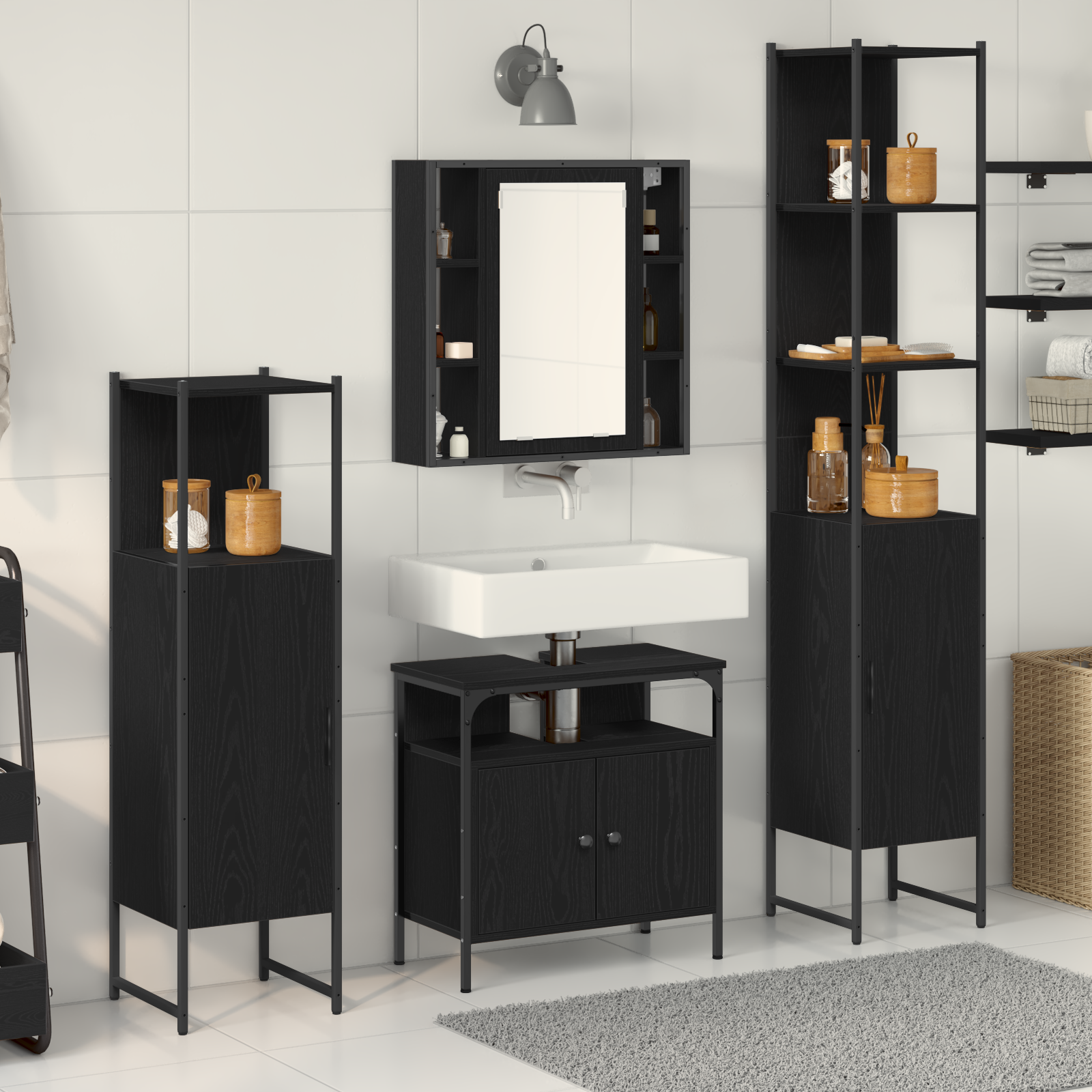 foto del prodotto set di mobili da bagno in 4 pezzi in legno ingegnerizzato nero rovere