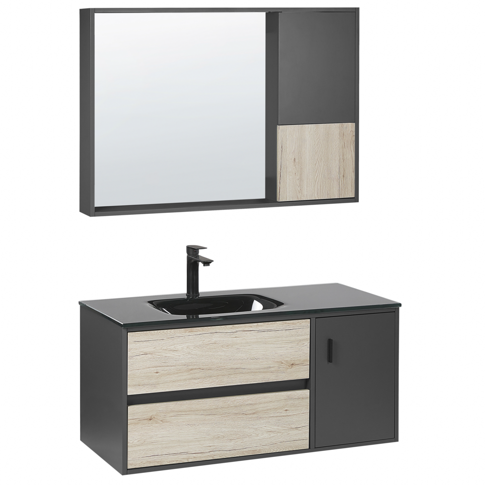 foto del prodotto set di mobili da bagno in 4 pezzi in mdf nero 100 cm armadietto in ceramica lavabo pensile con specchio