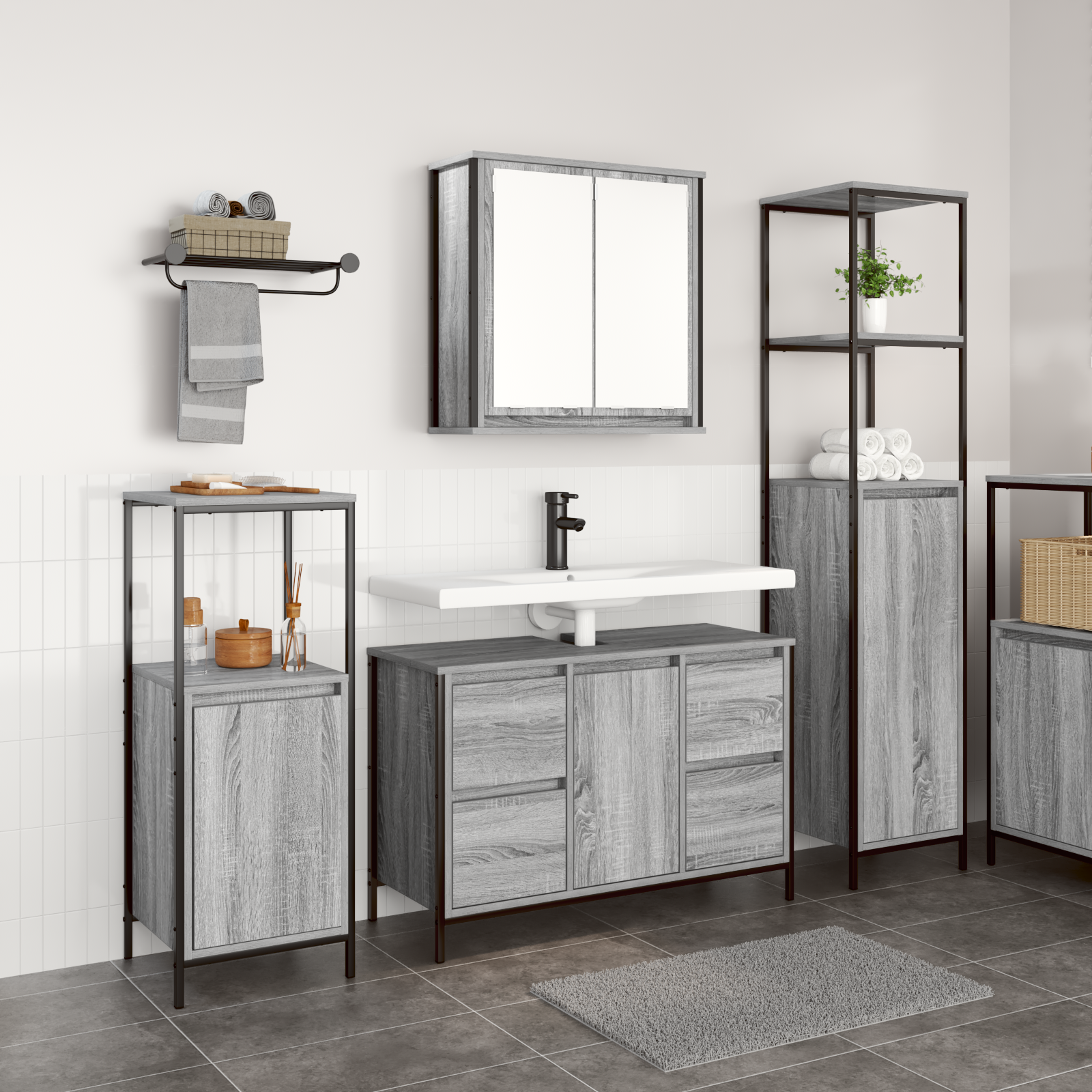 foto del prodotto set di mobili da bagno in legno ingegnerizzato grigio sonoma