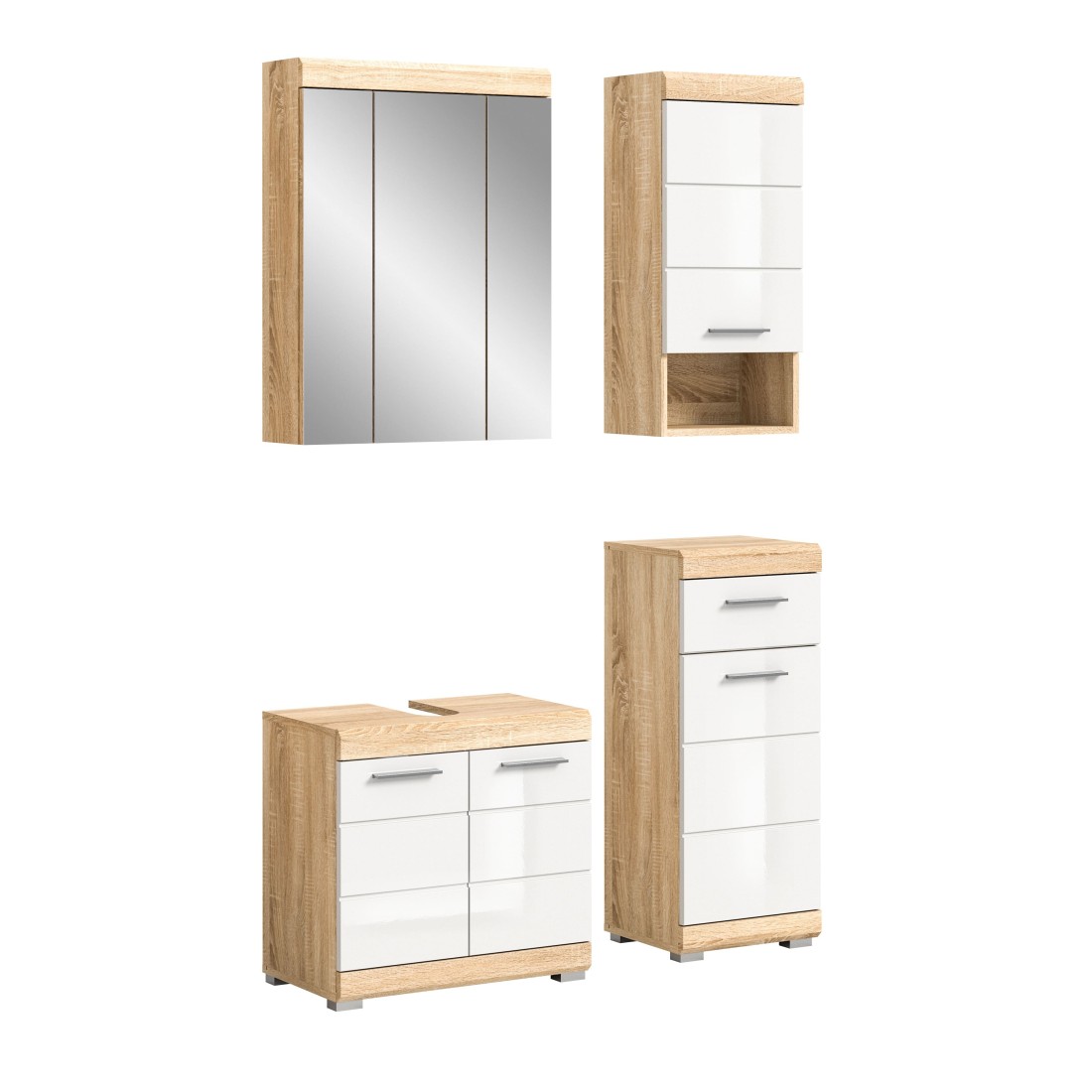 foto del prodotto set di mobili da bagno ridley mobile sotto lavabo, armadietto specchio, 2 mezze colonne bianco e rovere chiaro
