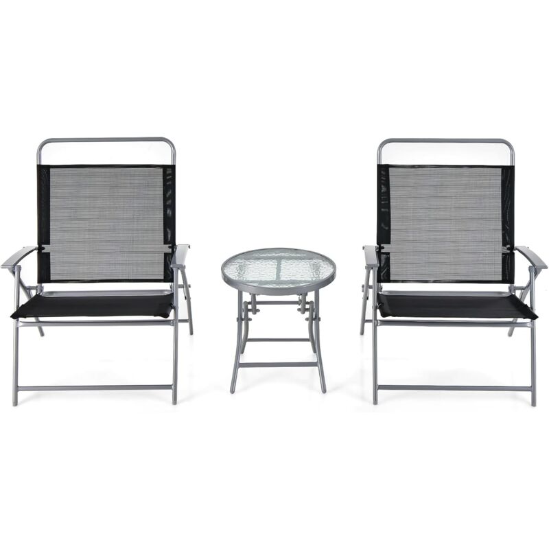 foto del prodotto set di mobili da giardino 3 pezzi, set di mobili da esterno pieghevole con 2 sedie pieghevoli, 1 tavolo in vetro ondulato, per balcone, portico,
