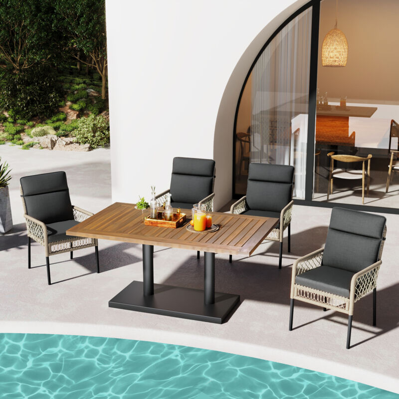 foto del prodotto set di mobili da giardino, 5 pezzi, tavolo da pranzo per esterni, set di sedie per 4 persone, piano in legno massello di acacia, sedie in rattan pe,