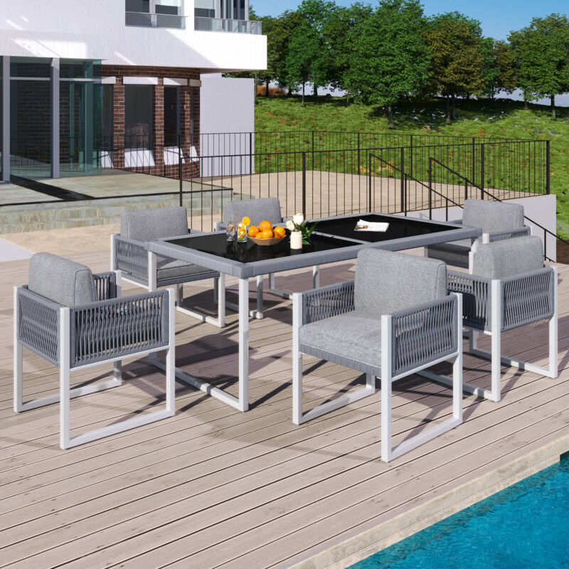 foto del prodotto set di mobili da giardino 7 pezzi, set da pranzo in corda per 6 persone con poltrone, rivestimento in tessuto sfoderabile e lavabile, grigio e bianco