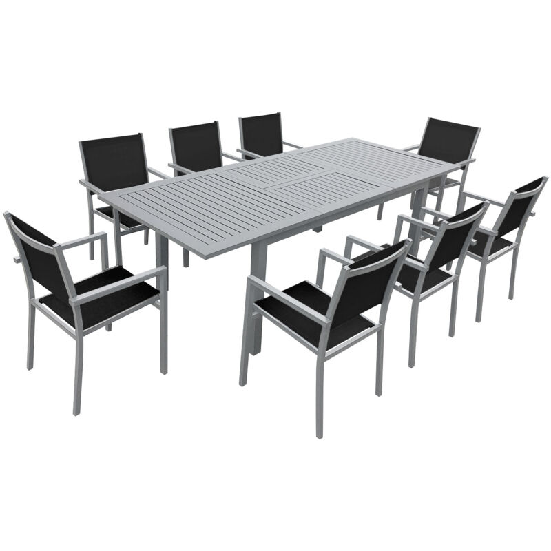 foto del prodotto set di mobili da giardino estensibili capri in textilene nero 8 posti alluminio grigio