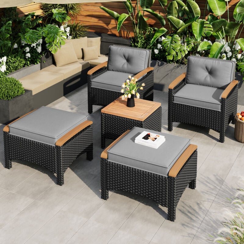 foto del prodotto set di mobili da giardino in rattan da 5 pezzi, seduta in acacia con cuscini, portata 160 kg, nuovo per balcone e piscina, grigio