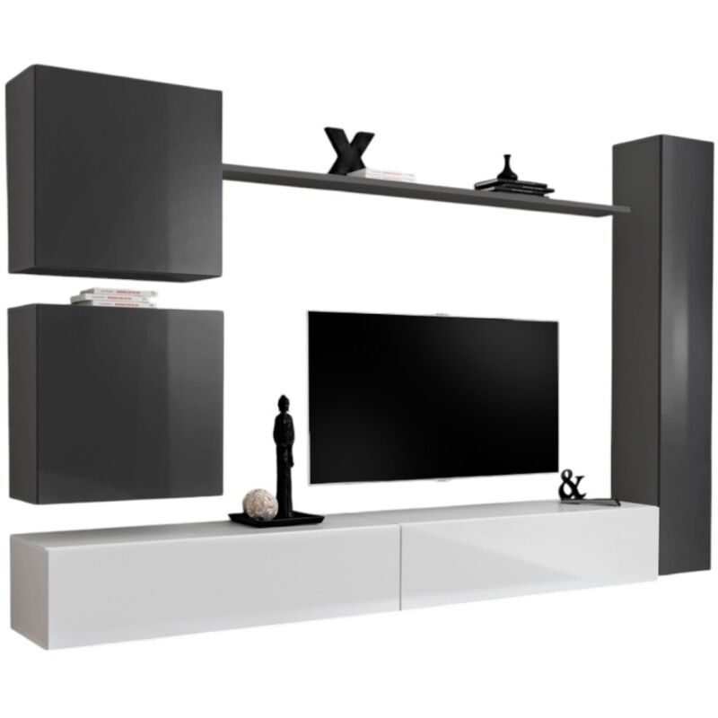 foto del prodotto set di mobili da parete per soggiorno switch viii. mobile tv da parete design, colore bianco e grigio lucido.