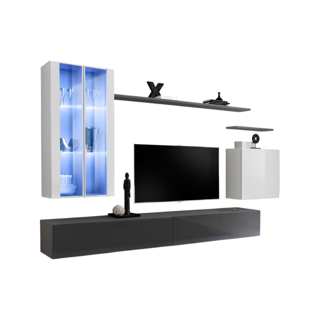 foto del prodotto set di mobili da parete per soggiorno switch xii design, colori grigio e bianco lucido.