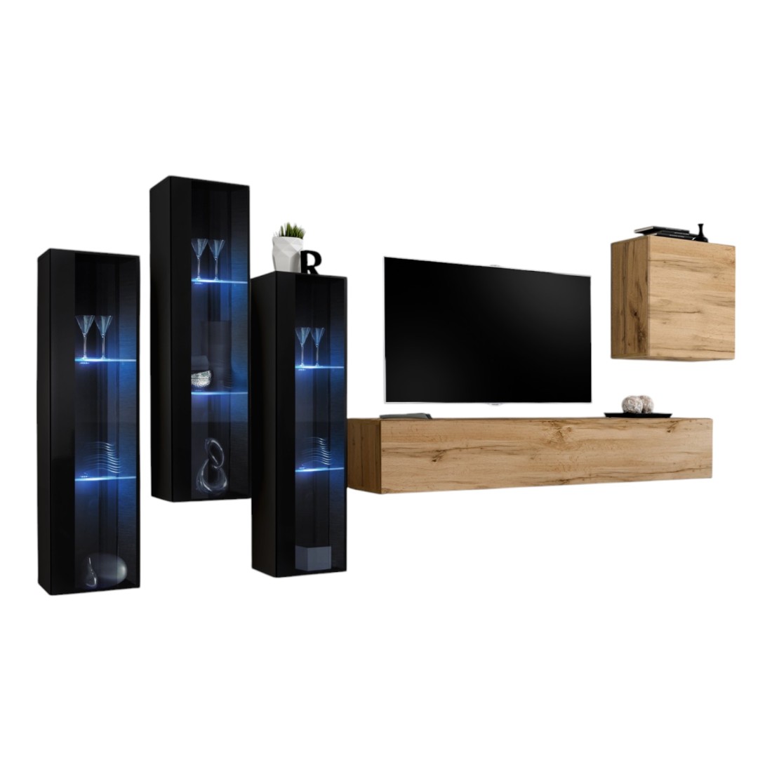 foto del prodotto set di mobili da parete per soggiorno switch xiii design, colori quercia wotan e nero.