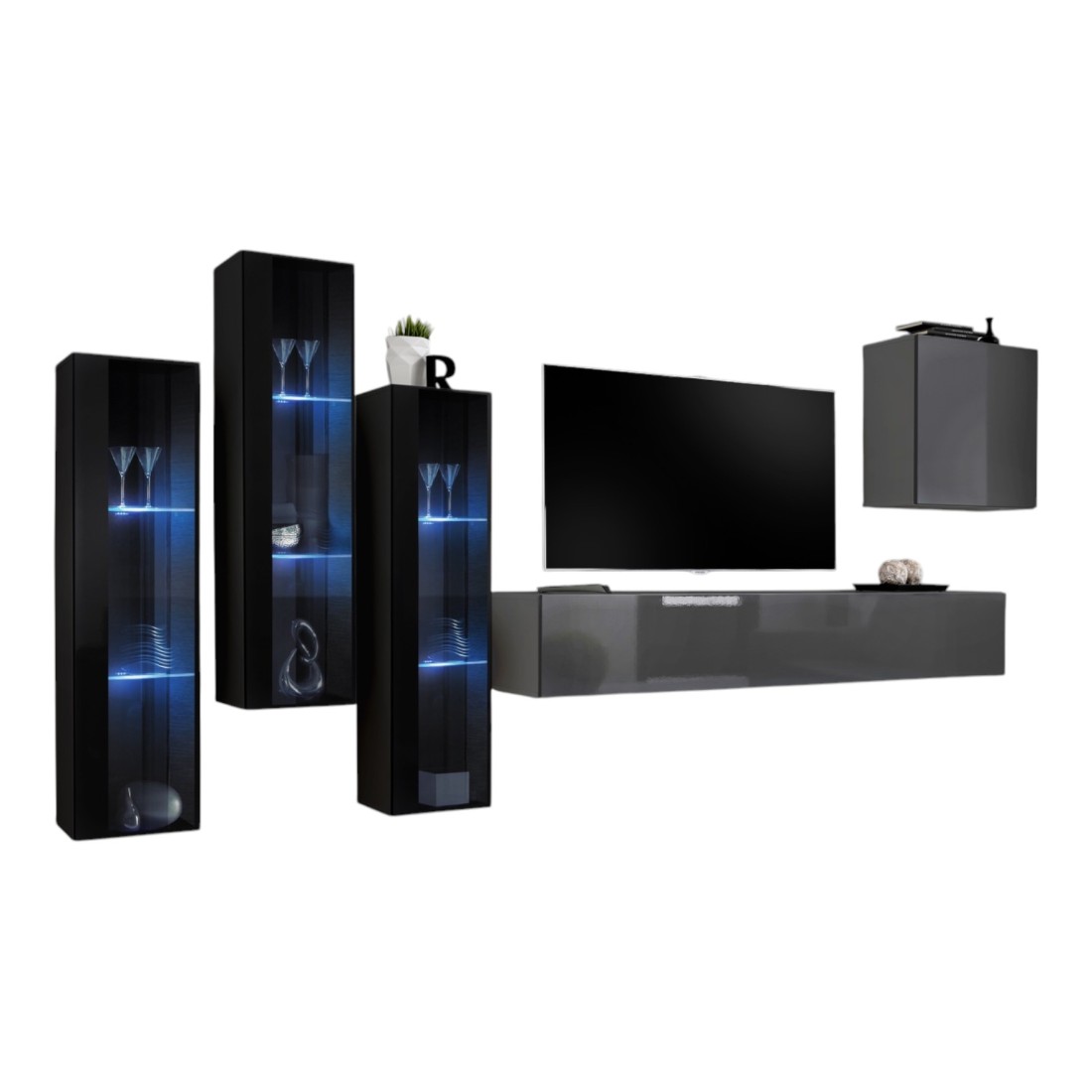 foto del prodotto set di mobili da salotto da parete switch xiii design, colore grigio lucido e nero.