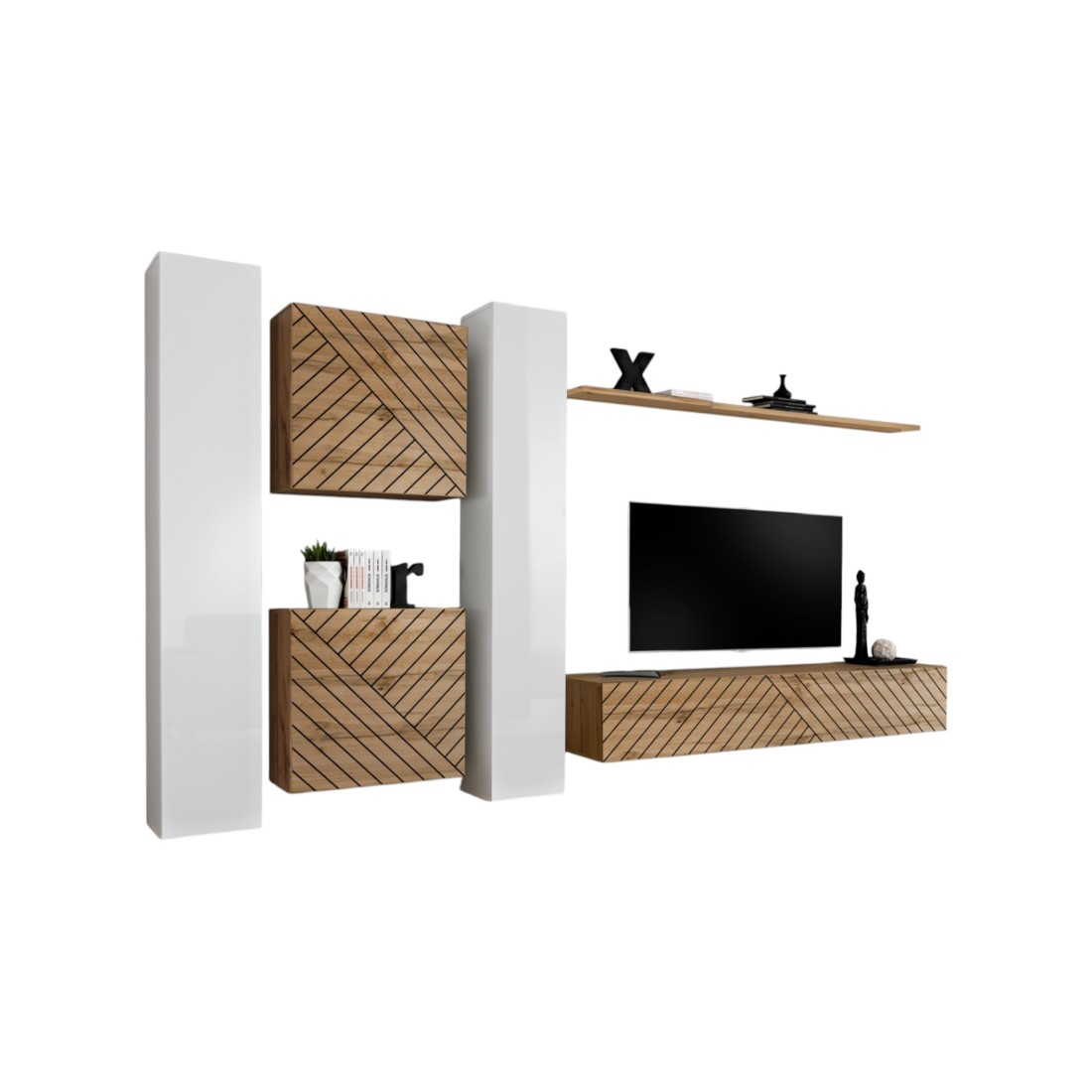 foto del prodotto set di mobili da salotto design switch vi, bianco quercia, finitura bianco lucido e quercia effetto fresato