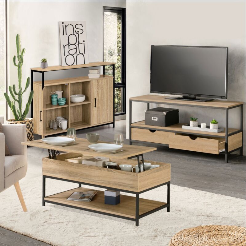 foto del prodotto set di mobili da salotto di design industriale detroit con buffet, tavolino sollevabile e porta tv