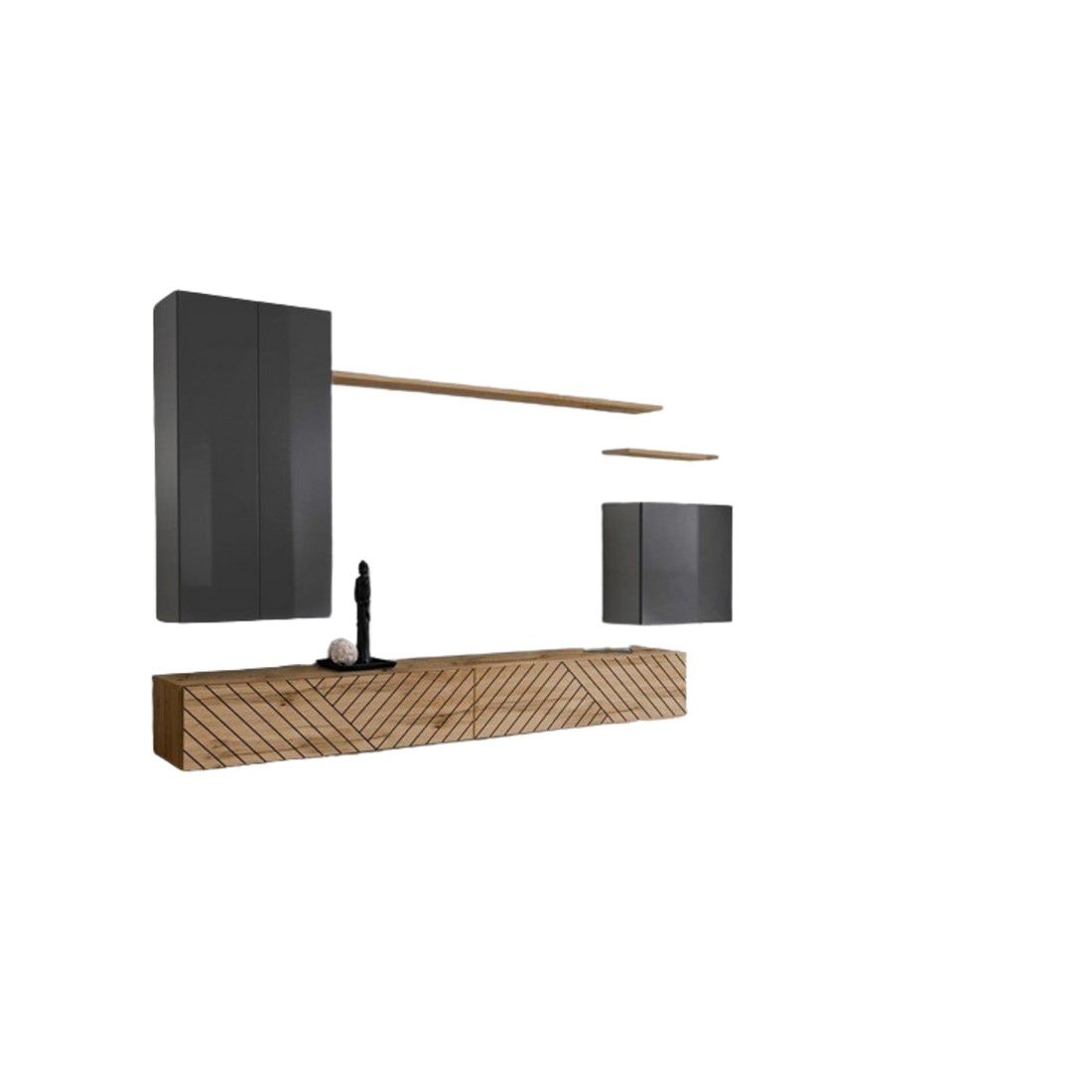 foto del prodotto set di mobili da salotto switch ii, grigio e rovere wotan, finiture effetto grigio lucido e rovere fresato