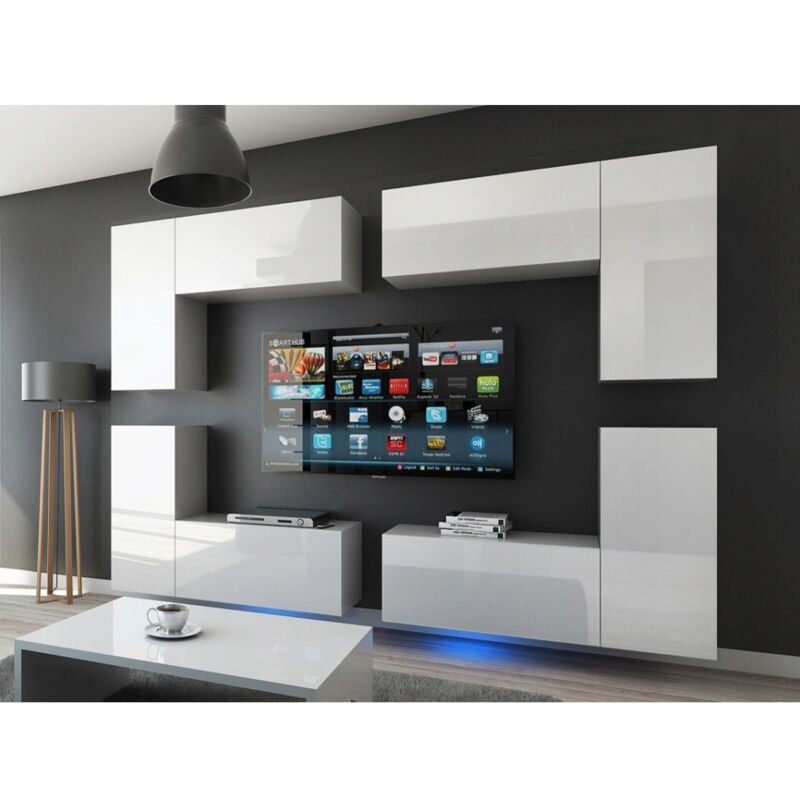 foto del prodotto set di mobili da soggiorno bianchi sospesi collezione cepto xx 260cm, 8 pezzi, led, modulari.